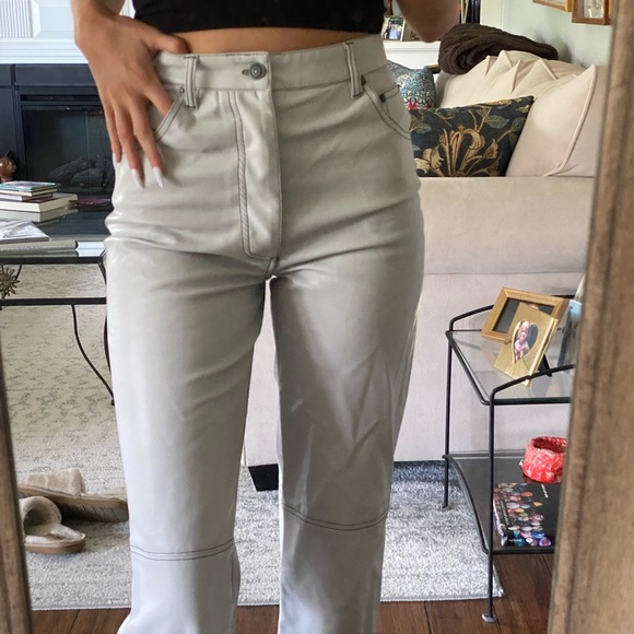 free people gray straight leg leather pants 0 - Picture 3 of 6